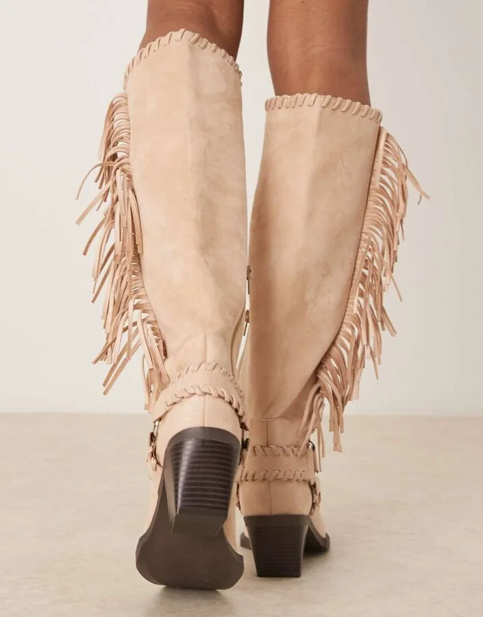 ASOS DESIGN Cristina western fringed knee boots in beige - Image 3