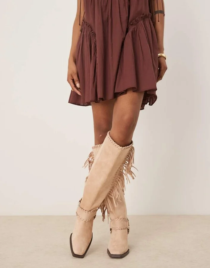 ASOS DESIGN Cristina western fringed knee boots in beige - Image 4