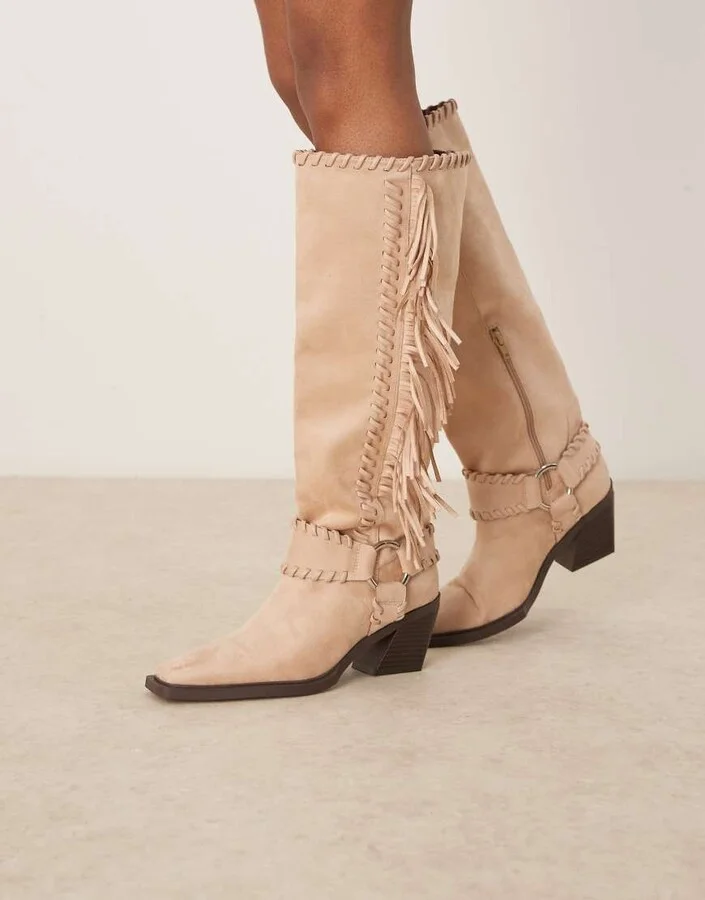 ASOS DESIGN Cristina western fringed knee boots in beige
