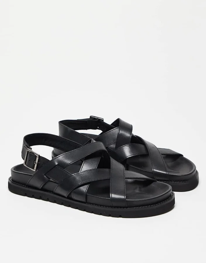 ASOS DESIGN cross over strap sandals in black leather - Image 3