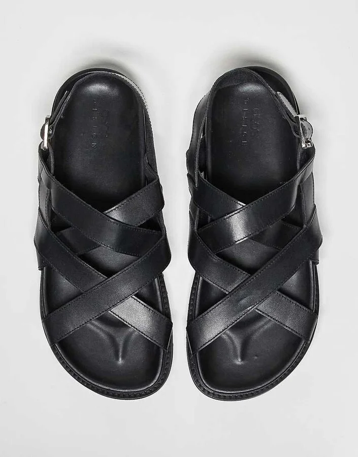 ASOS DESIGN cross over strap sandals in black leather - Image 4
