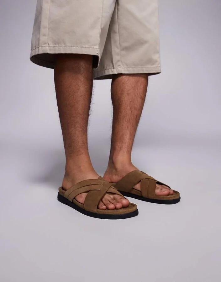 ASOS DESIGN cross over strap sandals in stone suede