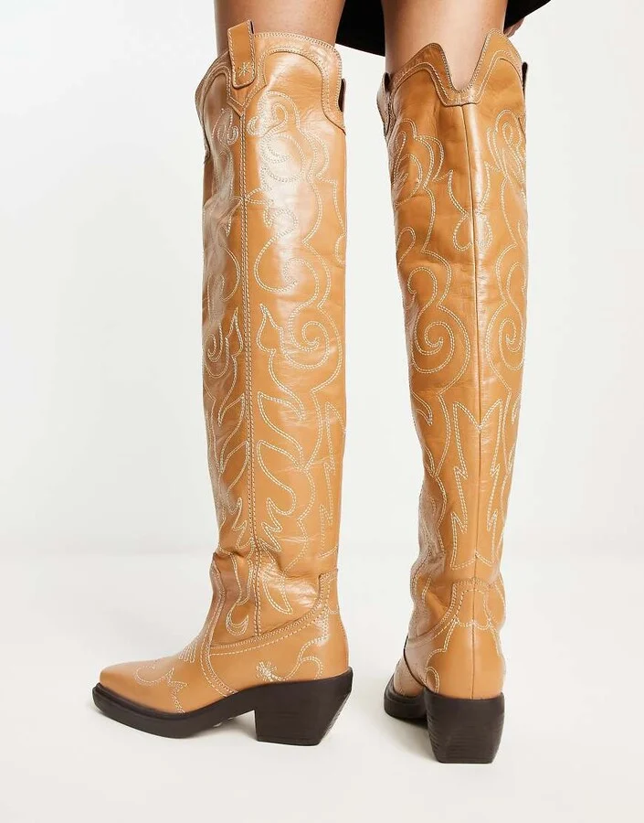 ASOS DESIGN Cuba premium leather swirl stitch western knee boot in camel - Image 2