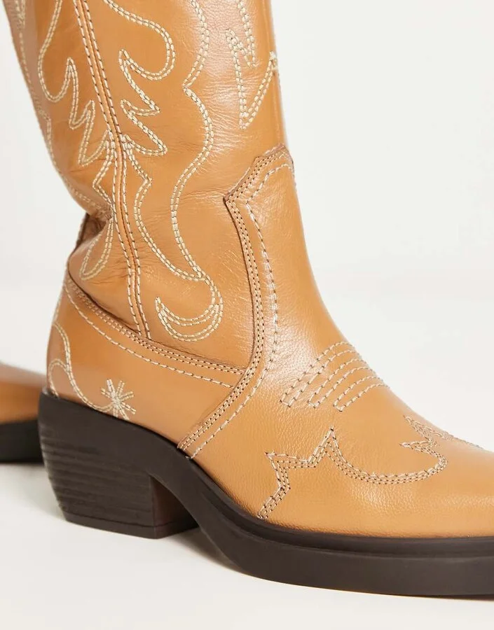 ASOS DESIGN Cuba premium leather swirl stitch western knee boot in camel - Image 3