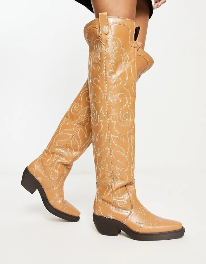 ASOS DESIGN Cuba premium leather swirl stitch western knee boot in camel