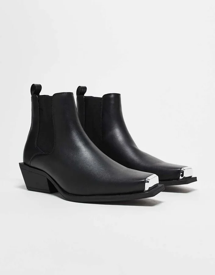 ASOS DESIGN cuban heel western chelsea boots in black faux leather with silver toe cap - Image 2