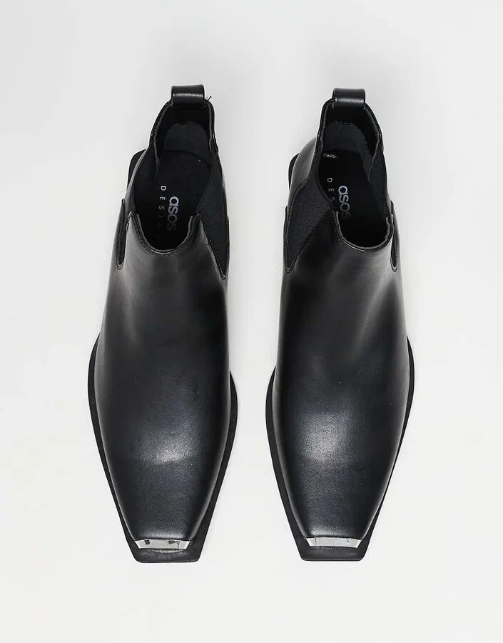 ASOS DESIGN cuban heel western chelsea boots in black faux leather with silver toe cap - Image 3