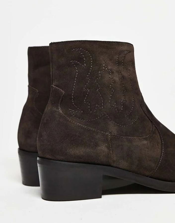 ASOS DESIGN cuban heeled chelsea boots in brown suede with western stitching - Image 2