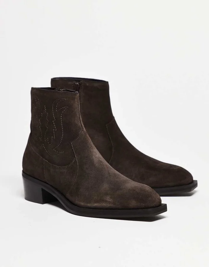 ASOS DESIGN cuban heeled chelsea boots in brown suede with western stitching - Image 3