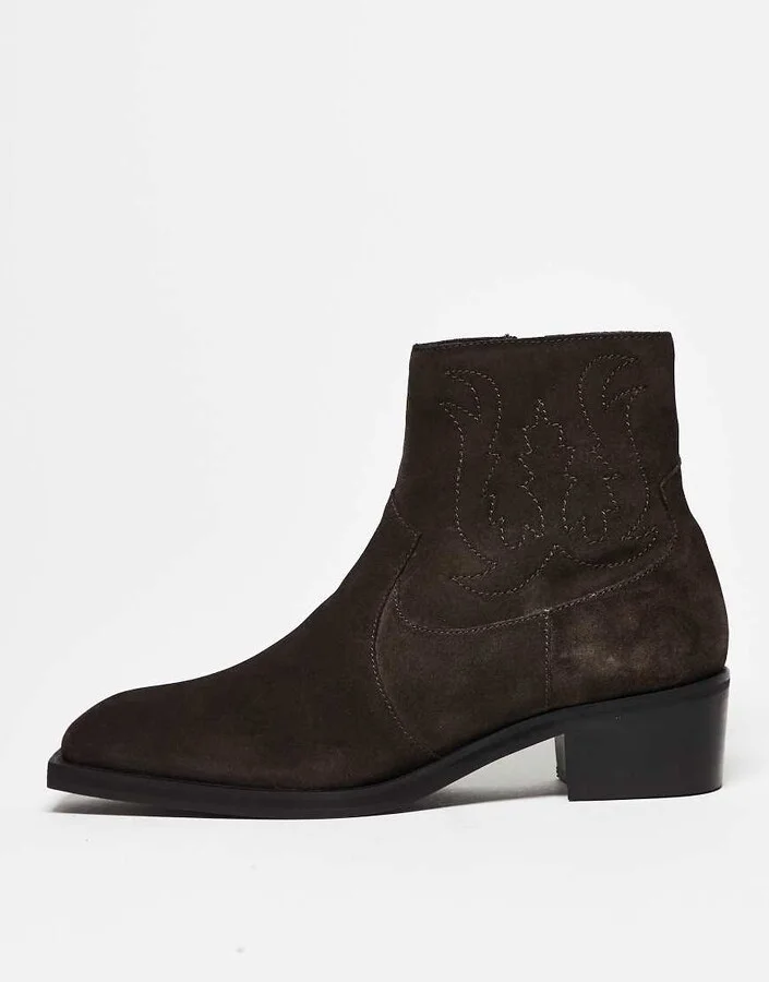 ASOS DESIGN cuban heeled chelsea boots in brown suede with western stitching