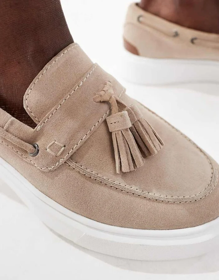 ASOS DESIGN cupsole loafers in stone suede with tassels - Image 2