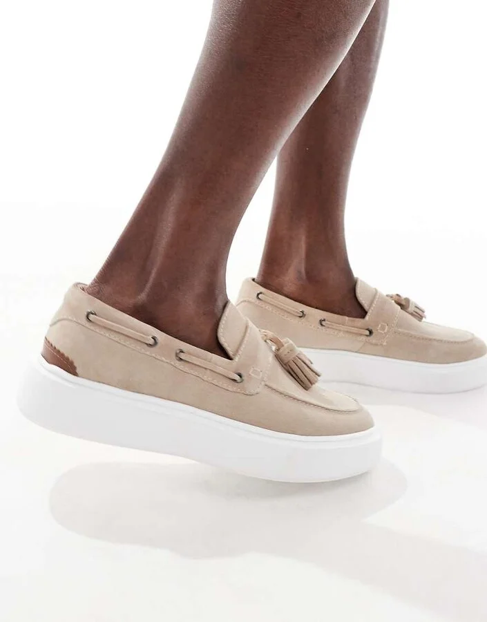 ASOS DESIGN cupsole loafers in stone suede with tassels - Image 4