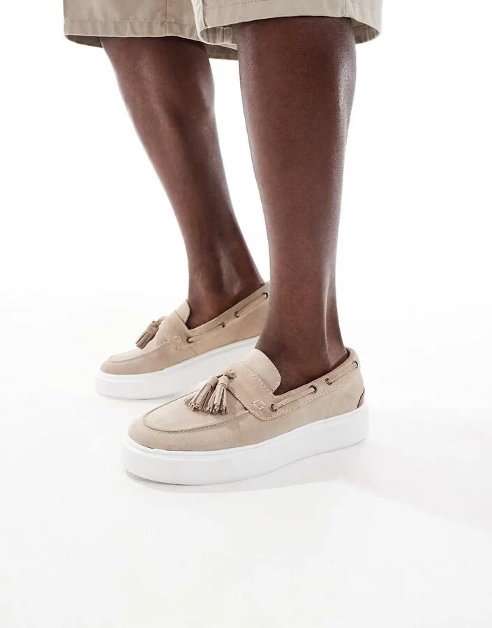 ASOS DESIGN cupsole loafers in stone suede with tassels