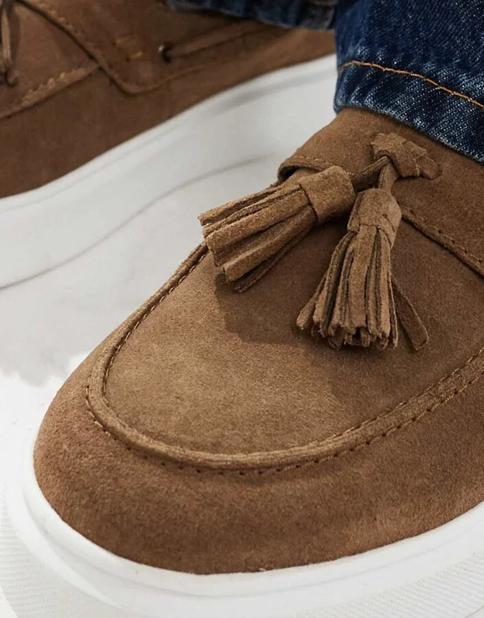 ASOS DESIGN cupsole loafers in taupe suede with tassels - Image 3