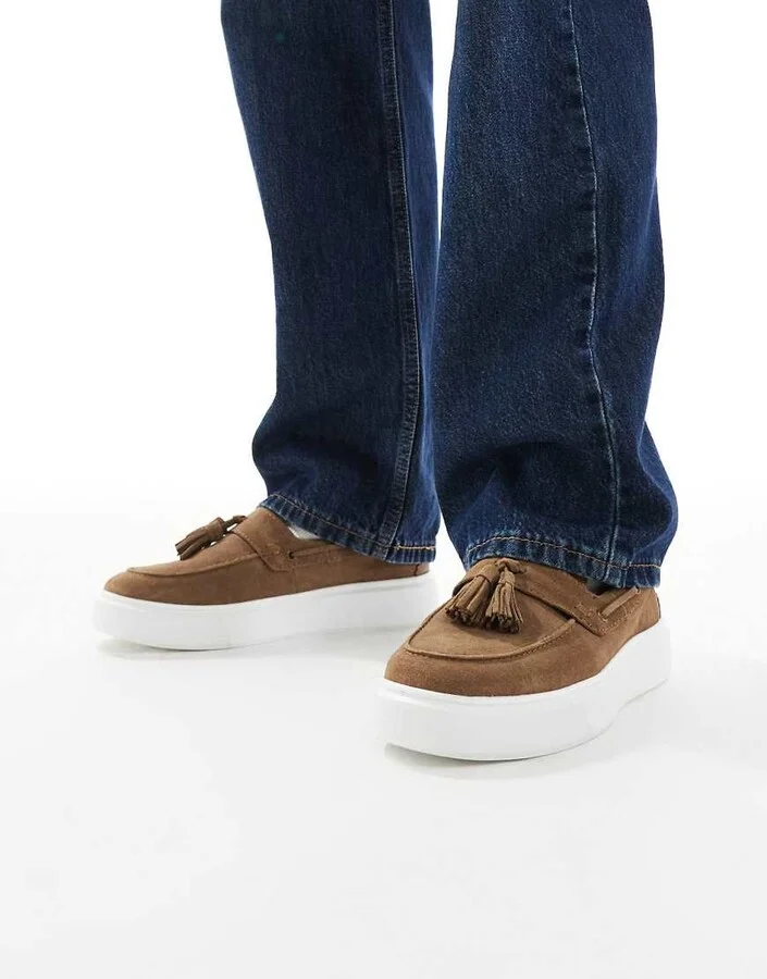 ASOS DESIGN cupsole loafers in taupe suede with tassels