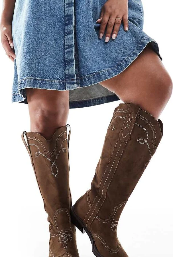 ASOS DESIGN Curve Celeste flat western knee boots in choc faux suede