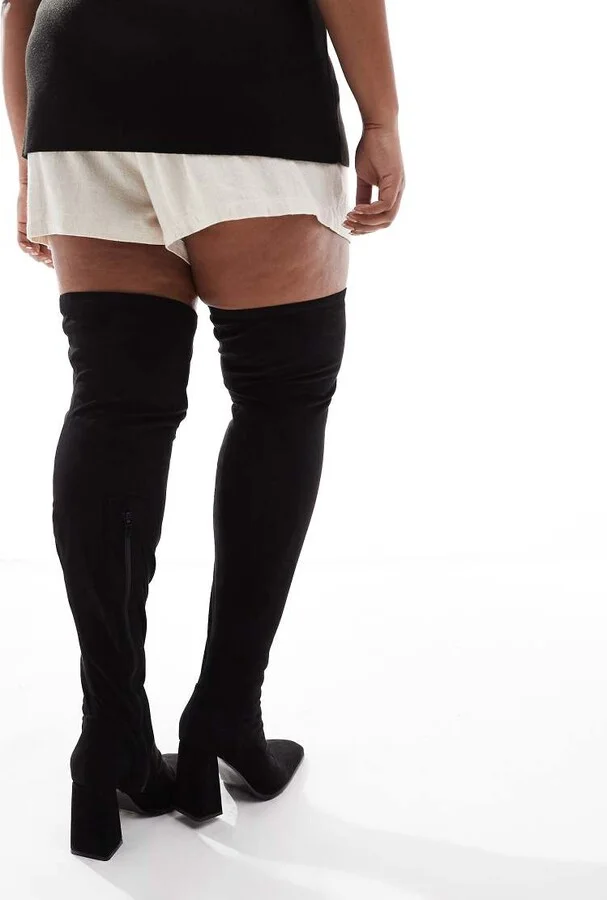 ASOS DESIGN Curve Keely block-heeled over the knee boots in black micro - Image 2