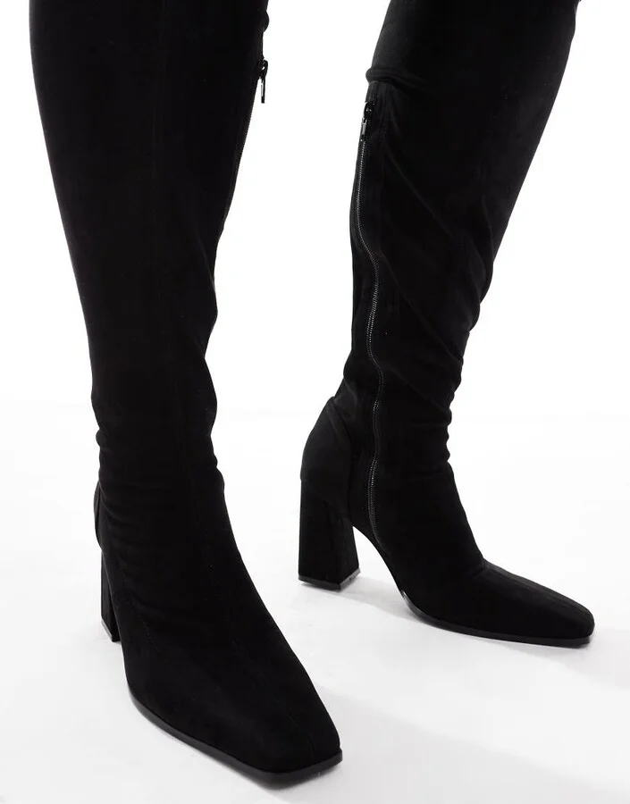 ASOS DESIGN Curve Keely block-heeled over the knee boots in black micro - Image 4