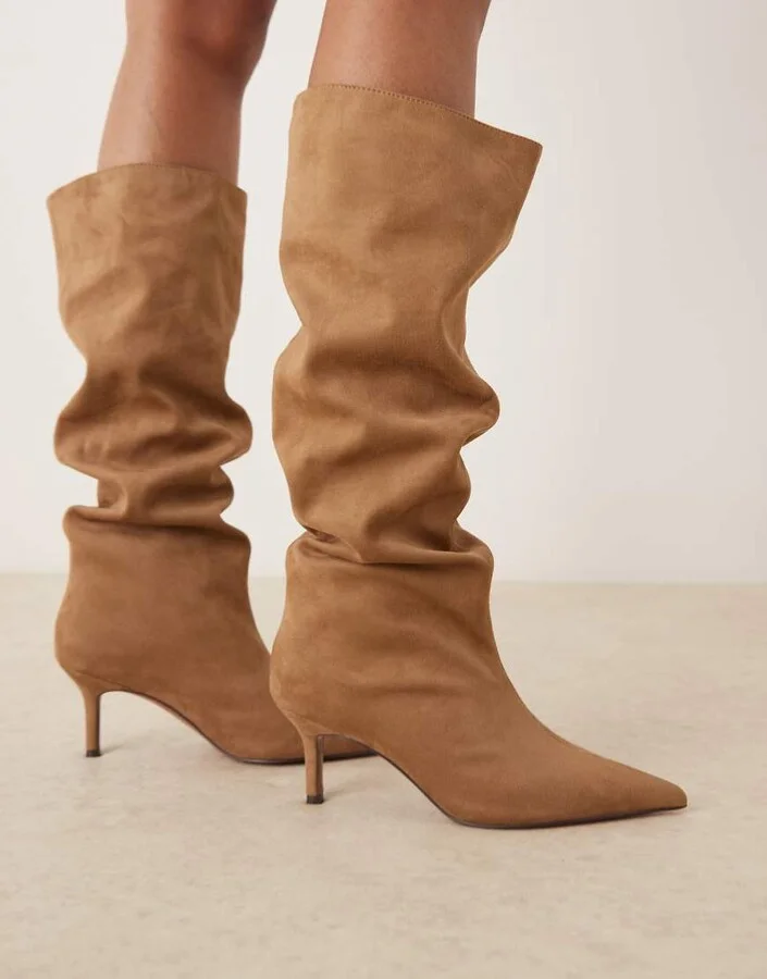 ASOS DESIGN Cydney slouch pull on knee boots in sand suedette - Image 2