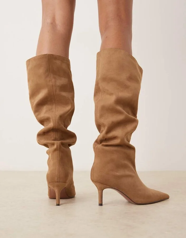 ASOS DESIGN Cydney slouch pull on knee boots in sand suedette - Image 4