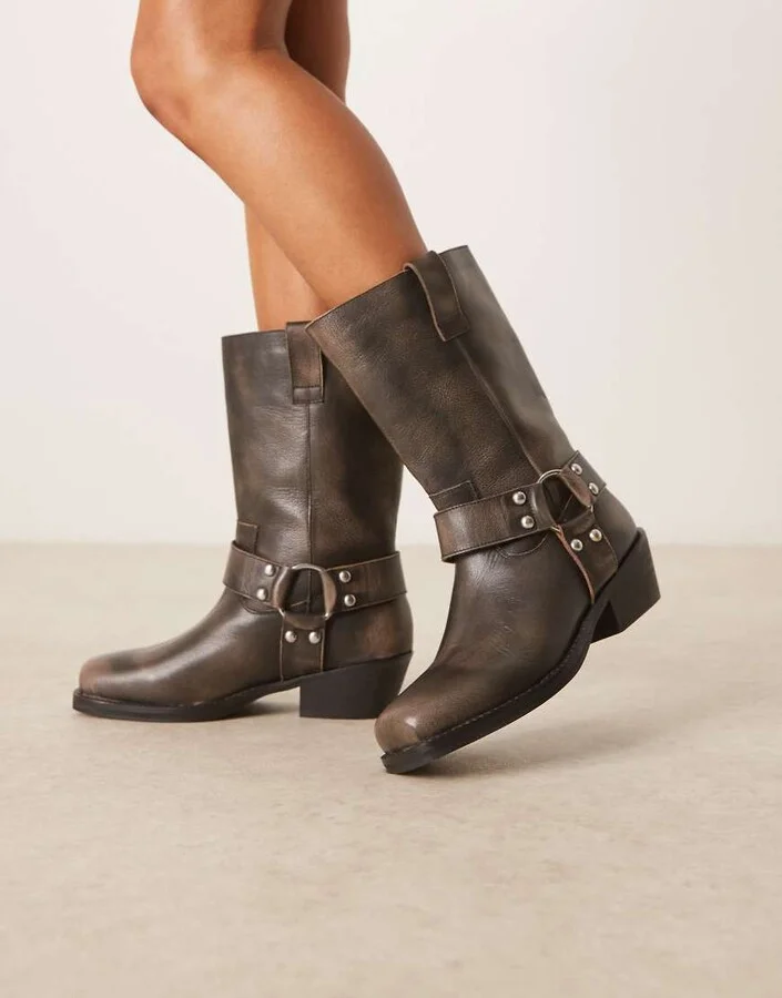 ASOS DESIGN Cyrus leather harness knee boots in aged gray