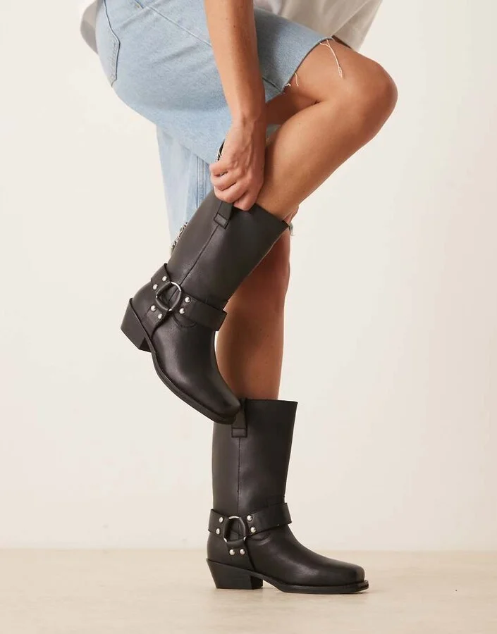 ASOS DESIGN Cyrus leather harness knee boots in black