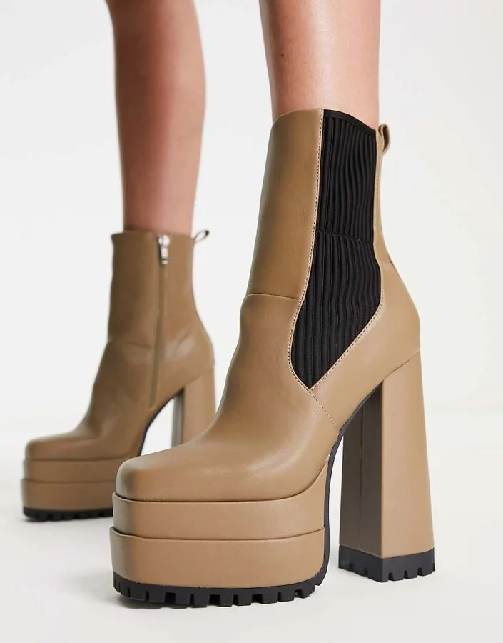 ASOS DESIGN Endgame high-heeled platform chelsea boots in tan - Image 3
