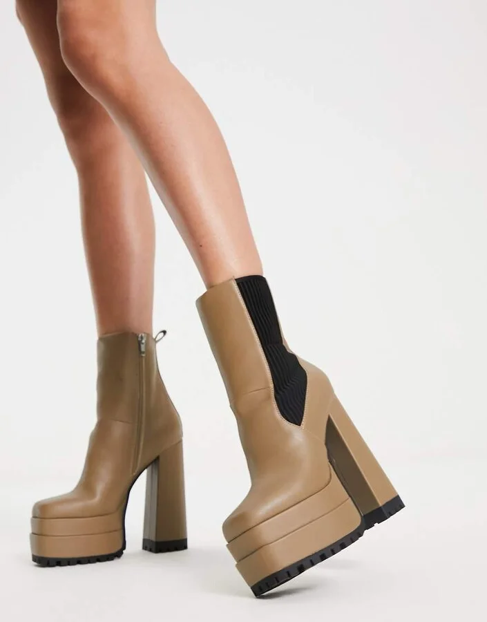 ASOS DESIGN Endgame high-heeled platform chelsea boots in tan - Image 4