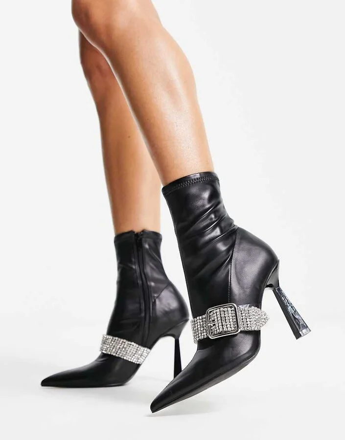 ASOS DESIGN Excuse high-heeled boots with embellished buckle in black - Image 2