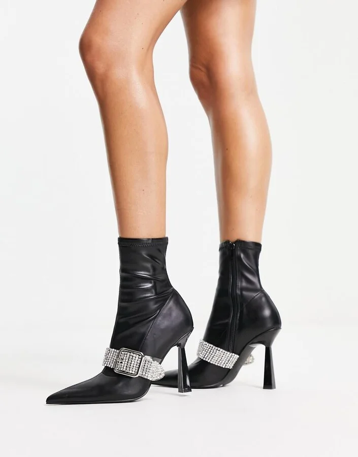 ASOS DESIGN Excuse high-heeled boots with embellished buckle in black - Image 4