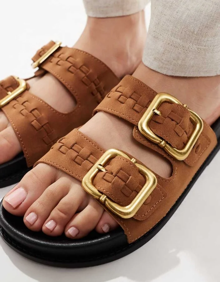 ASOS DESIGN Faithful woven detail footbed slides in tan - Image 2
