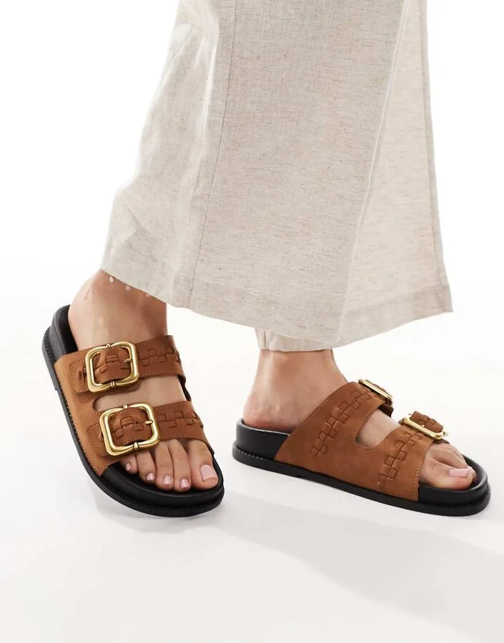 ASOS DESIGN Faithful woven detail footbed slides in tan - Image 3