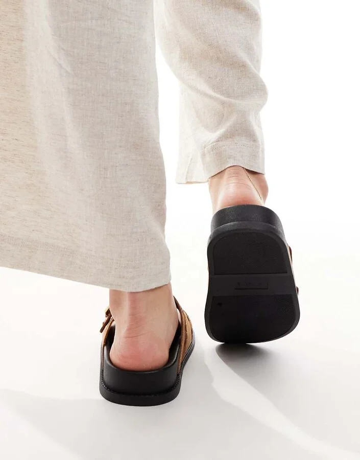 ASOS DESIGN Faithful woven detail footbed slides in tan - Image 4