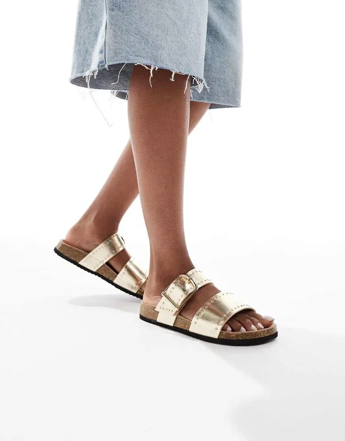 ASOS DESIGN Fallon studded footbed sandals in gold