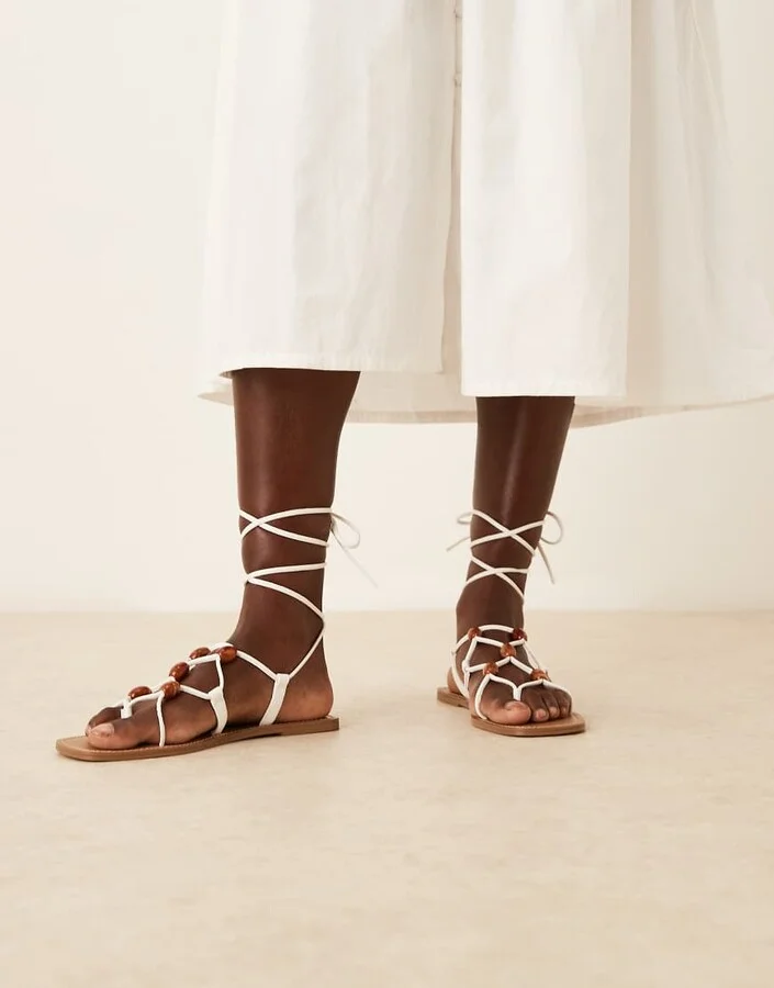 ASOS DESIGN Faroe strappy beaded flat sandals in white - Image 4