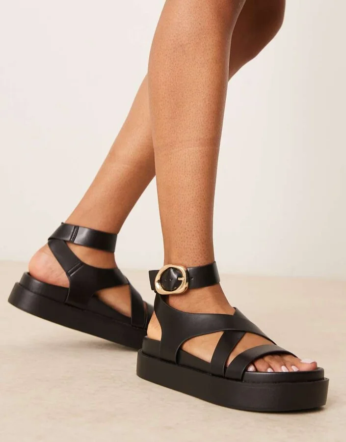 ASOS DESIGN Farrah cross strap footbed sandals in black