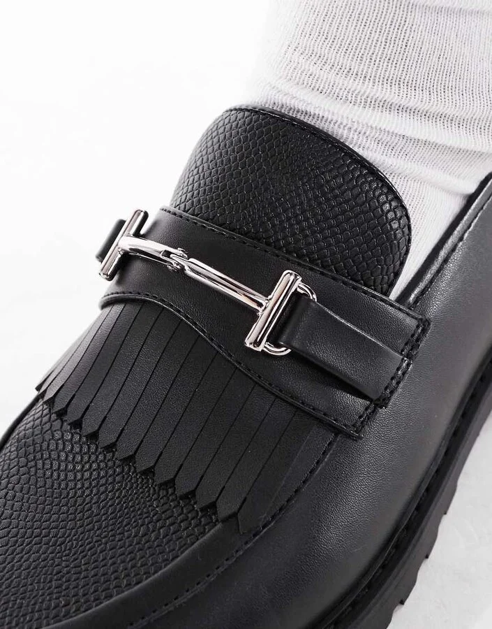 ASOS DESIGN faux croc loafers in black with cleated sole and snaffle - Image 3