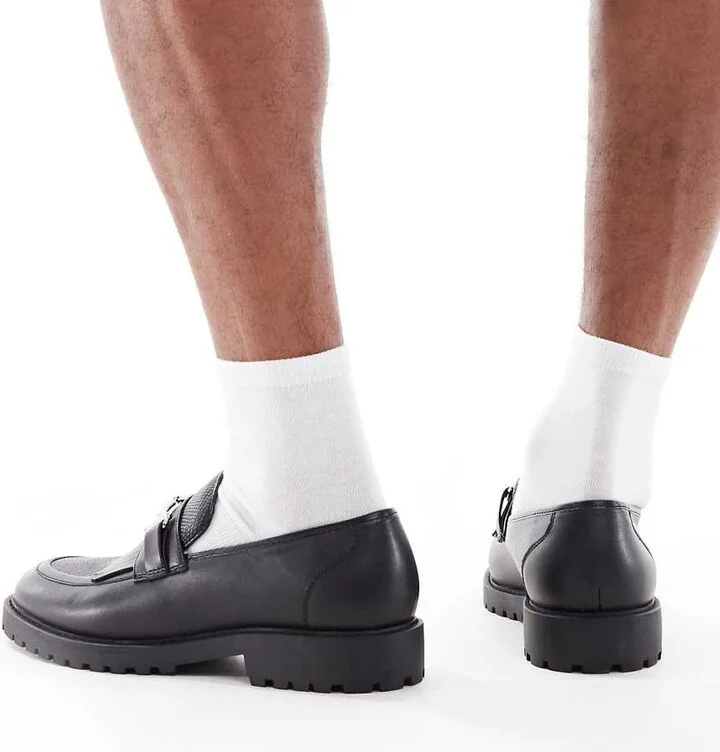 ASOS DESIGN faux croc loafers in black with cleated sole and snaffle - Image 4