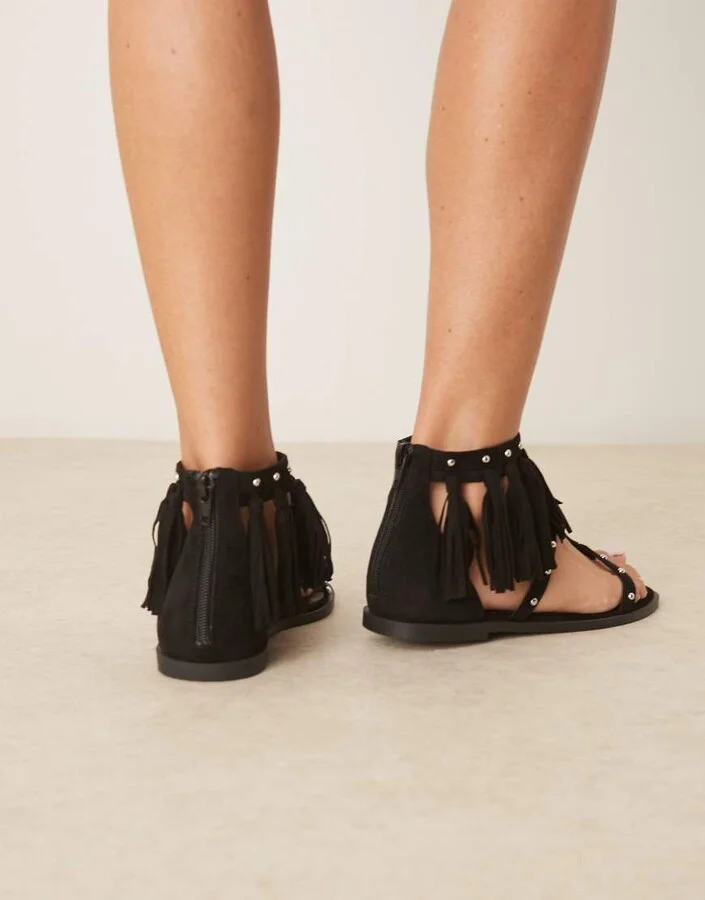 ASOS DESIGN Feather studded fringe flat sandals in black - Image 3