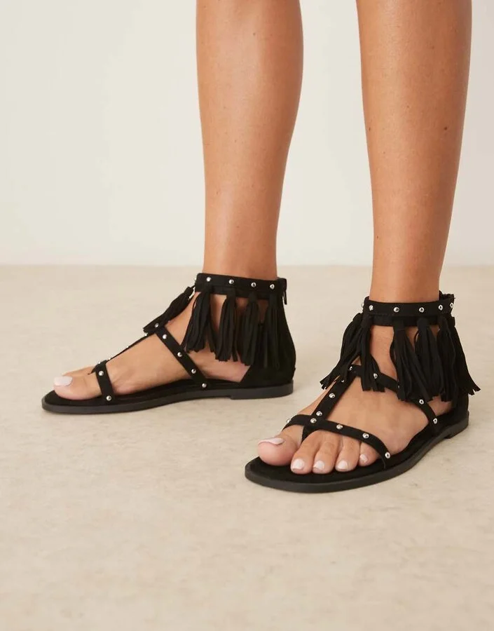 ASOS DESIGN Feather studded fringe flat sandals in black