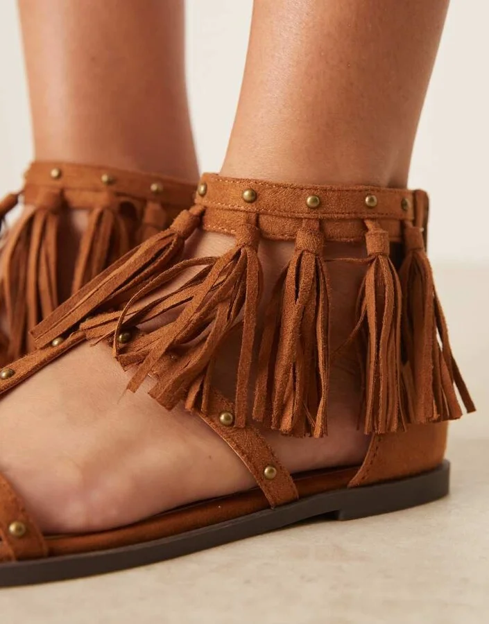ASOS DESIGN Feather studded fringe flat sandals in tan - Image 4