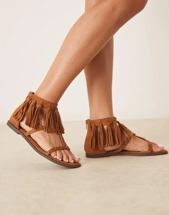 ASOS DESIGN Feather studded fringe flat sandals in tan