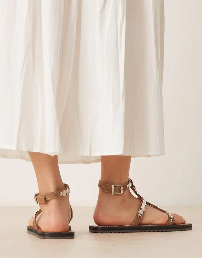 ASOS DESIGN Felix metal coin flat sandals in mushroom suede - Image 2