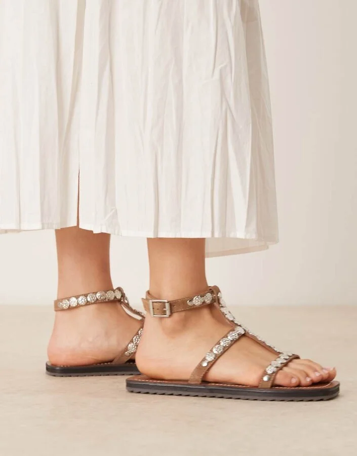 ASOS DESIGN Felix metal coin flat sandals in mushroom suede - Image 3