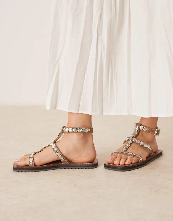 ASOS DESIGN Felix metal coin flat sandals in mushroom suede