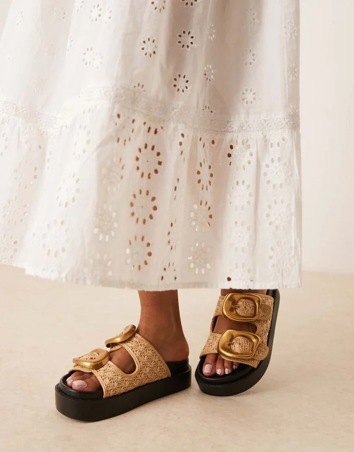 ASOS DESIGN Femi oversized buckle footbed mules in natural - Image 2