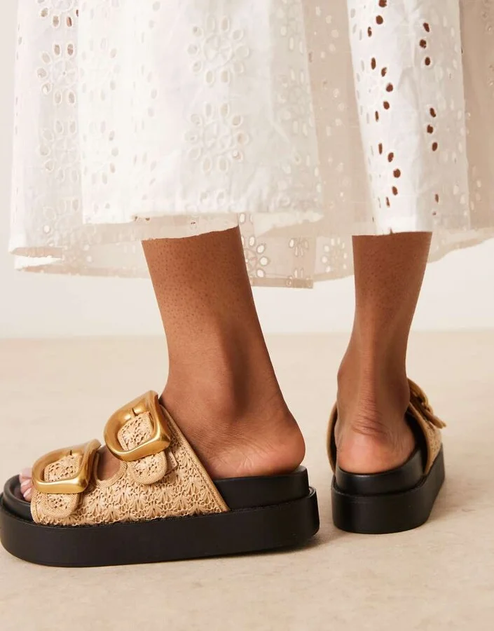 ASOS DESIGN Femi oversized buckle footbed mules in natural - Image 3