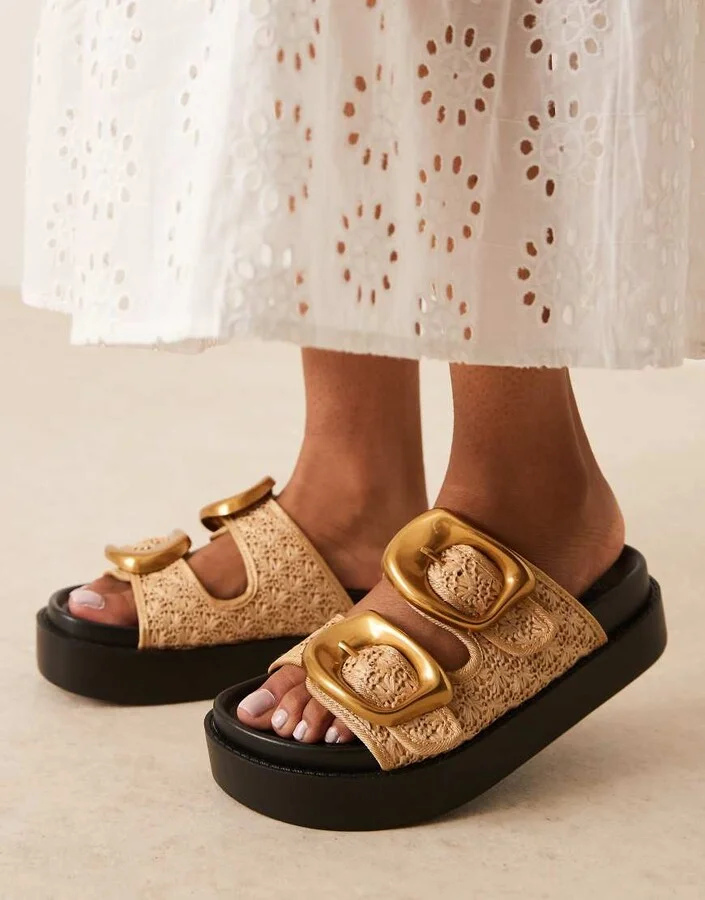 ASOS DESIGN Femi oversized buckle footbed mules in natural