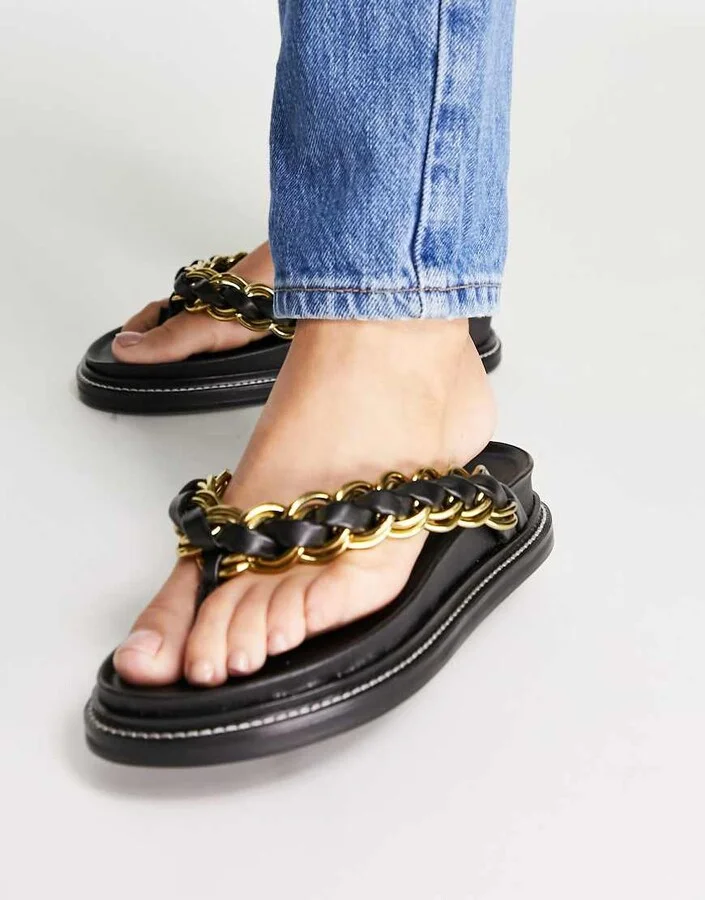 ASOS DESIGN Festive premium leather chain flat sandals in black - Image 2