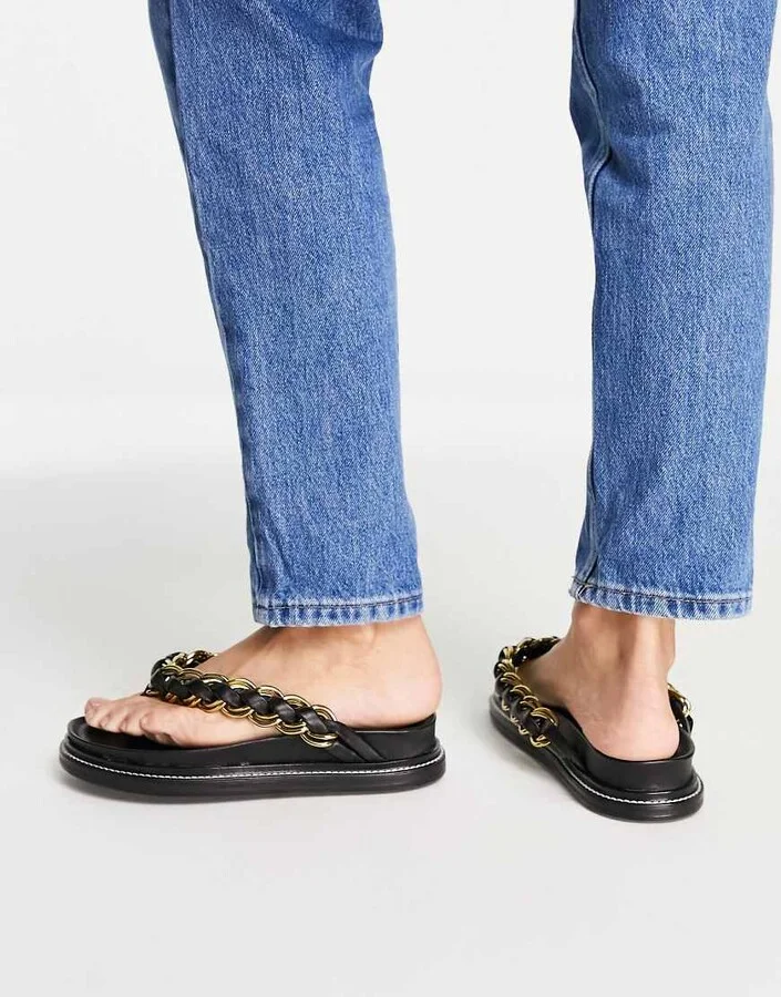 ASOS DESIGN Festive premium leather chain flat sandals in black - Image 3